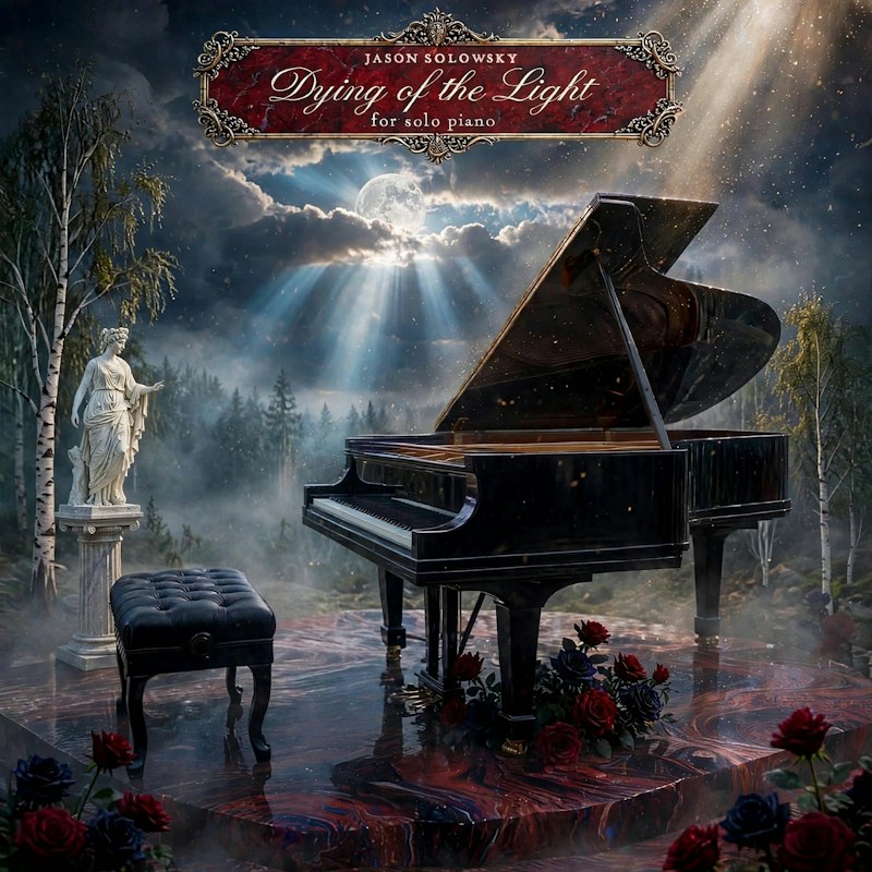 Dying of the Light — official cover art: a black grand piano in a moonlit forest clearing, with a marble statue, roses, and moonbeams breaking through the clouds