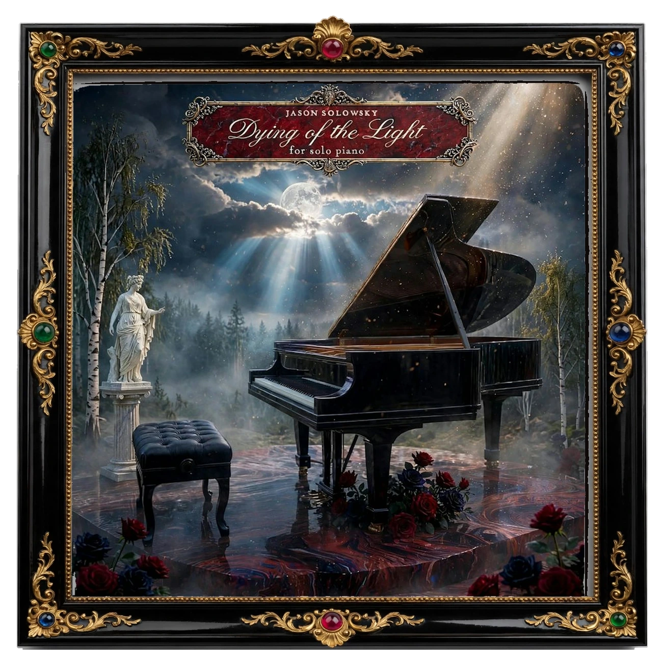 Dying of the Light — official cover art: a black grand piano in a moonlit forest clearing, with a marble statue, roses, and moonbeams breaking through the clouds — shown in a slim black-lacquer and gold rococo frame with jewel glass