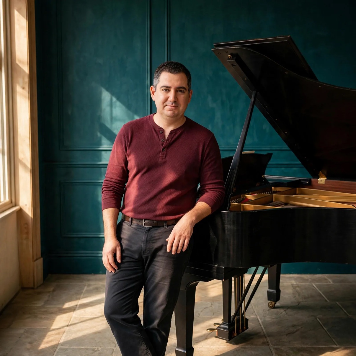 Jason Solowsky in a burgundy henley leaning against a black grand piano in a teal-panelled room