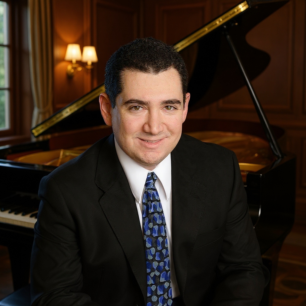 Jason Solowsky in a suit and patterned tie, seated in front of a grand piano